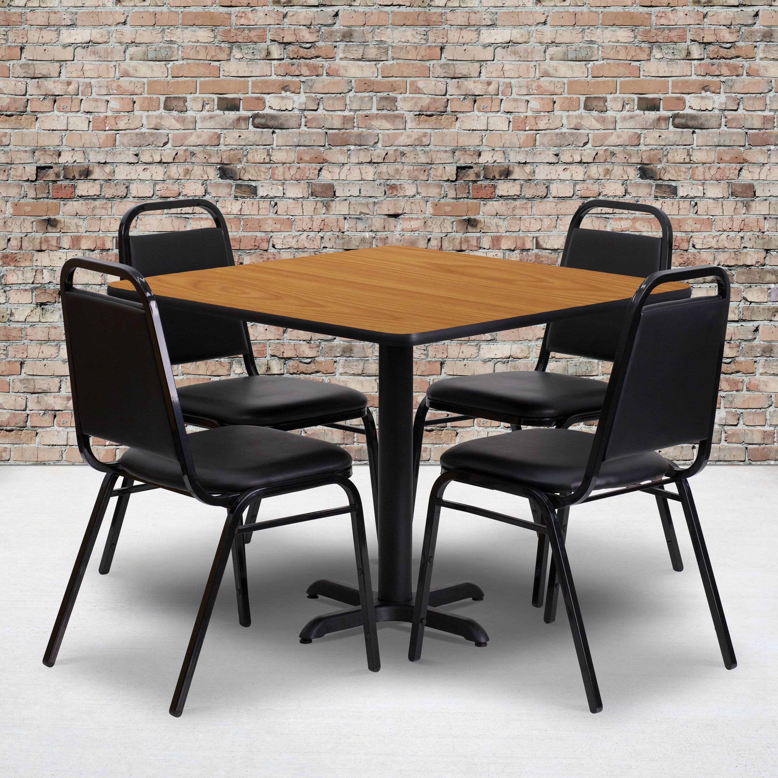 Alt View 1. Emma + Oliver - 36" Square Laminate X-Base Table Set with 4 Banquet Chairs - Natural Top/Black Vinyl Seat.