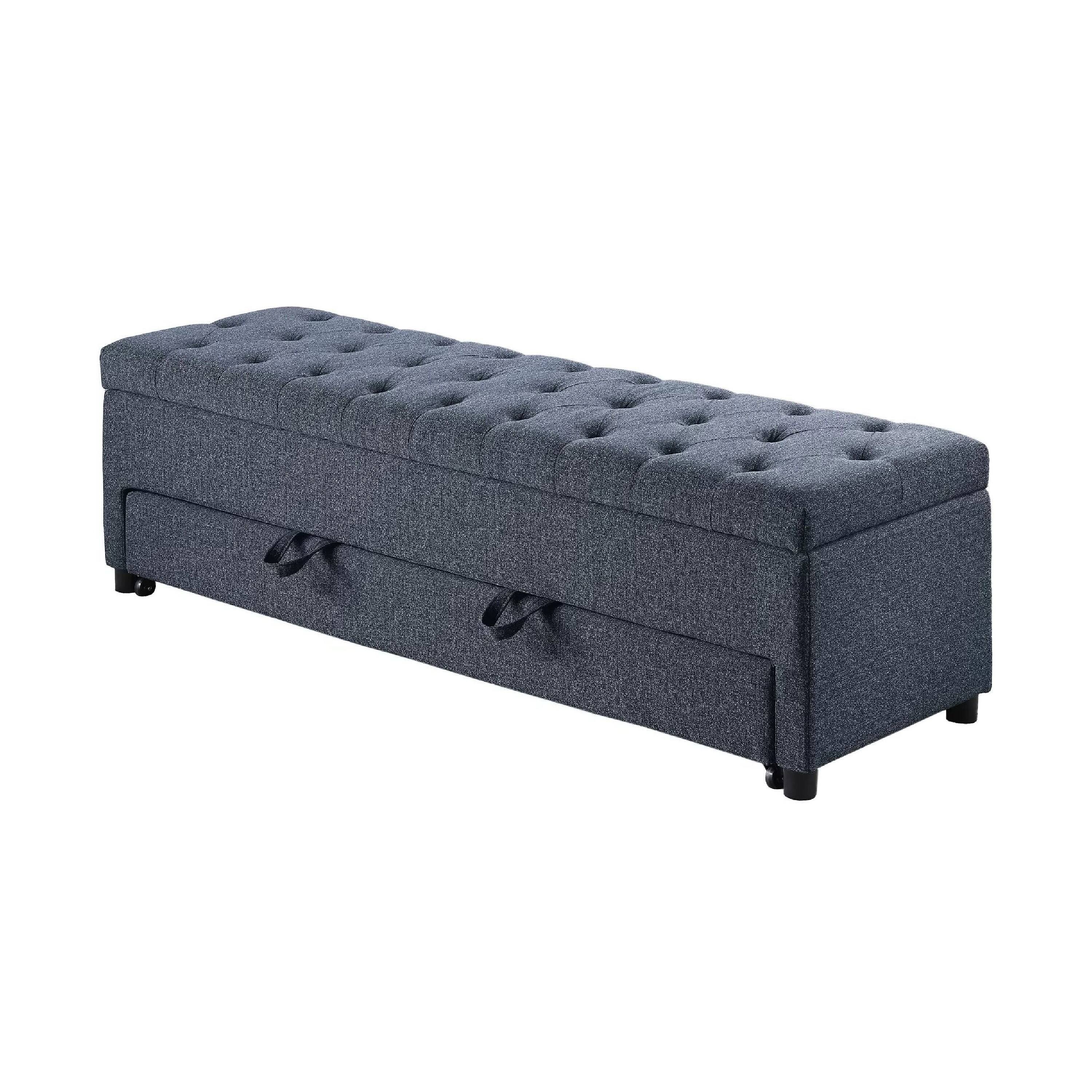 Alt View 3. Manhattan Lane - Kenny Ottoman, Underseat Drawer, Blue-Gray Button Tufted Boucle, 60 Inch - Blue Gray, Black.