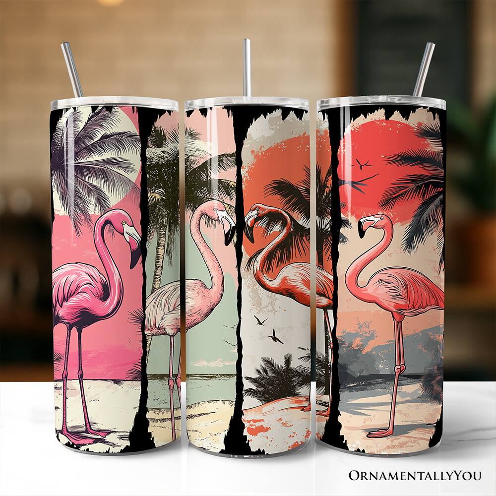 Back. OrnamentallyYou - Retro Flamingo Beach 20oz Tumbler With Stainless Steel Straw, Summer Vacation Sunset Gift Cup - Multicolored.