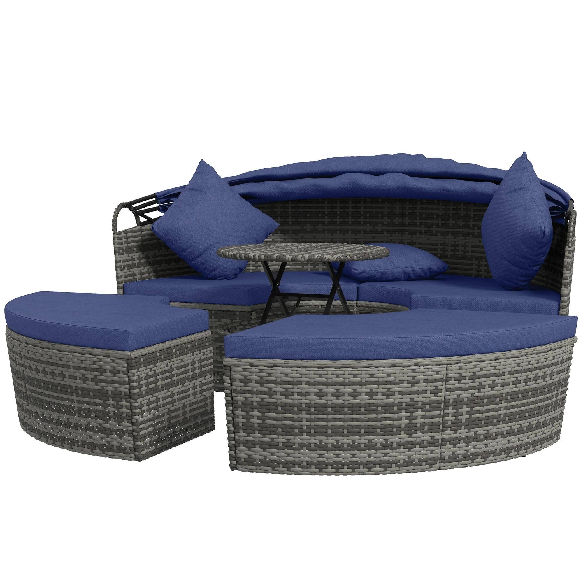 Alt View 7. Resenkos - Resenkos 4 Pieces Round Rattan Daybed Furniture Set, Outdoor Sectional Furniture, Polyethylene Rattan, Blue - Blue.