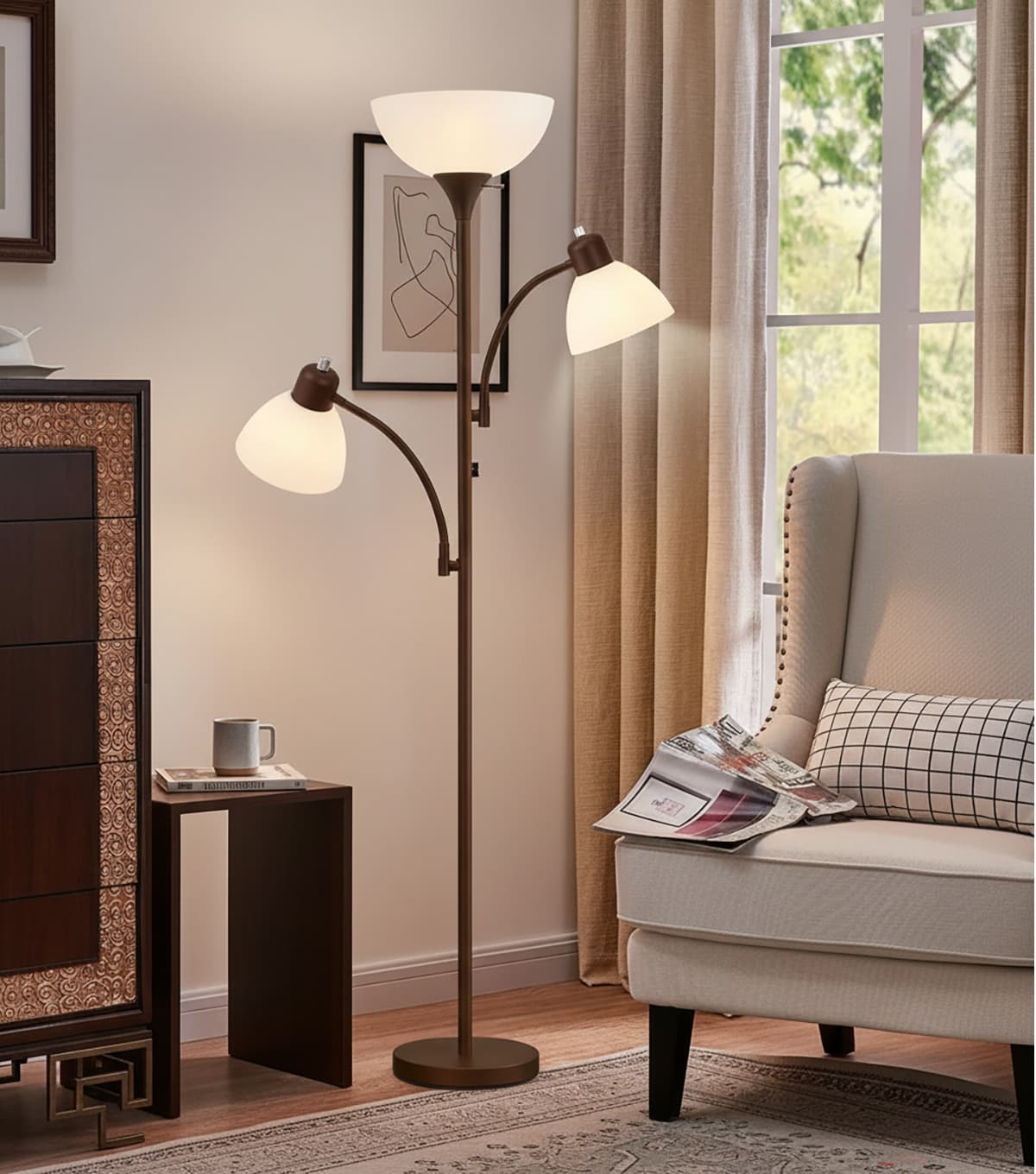 Alt View 3. FINEAK - 72" Modern Torchiere Floor Lamp - Gold&White Tall Standing Lamp with 8W Adjustable Reading Lights with Included Bulbs - Gold.