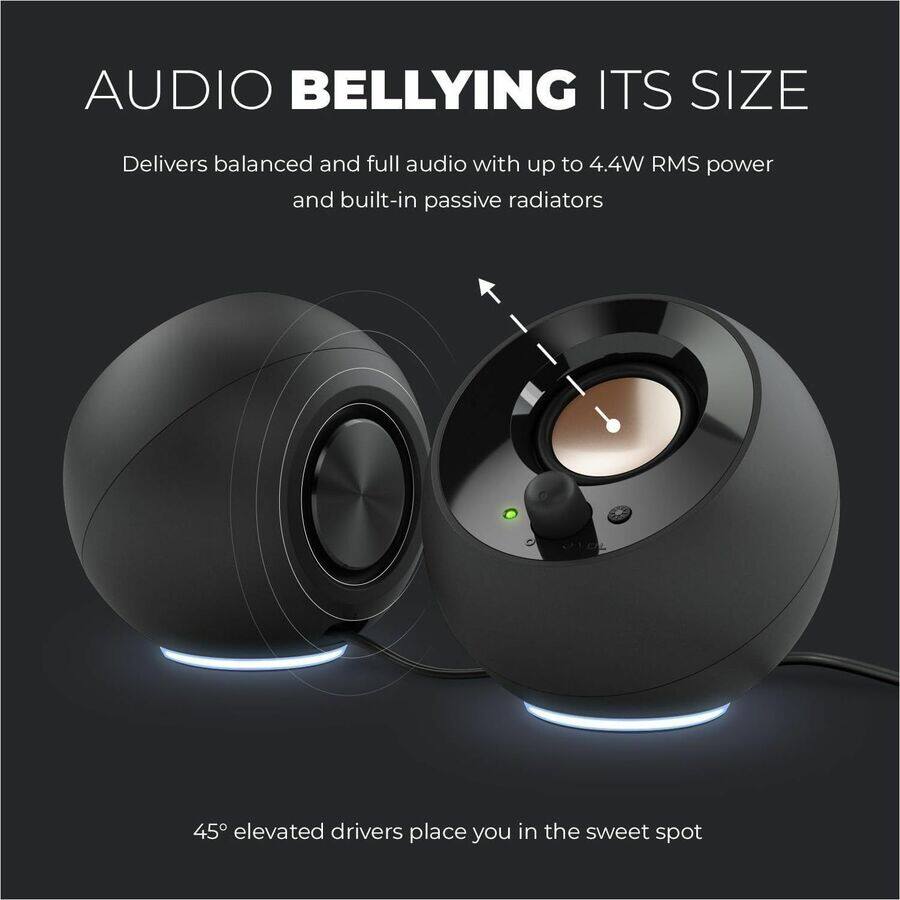 AUDIO BELLYING ITS SIZE

Delivers balanced and full audio with up to 4.4W RMS power and built-in passive radiators

45° elevated drivers place you in the sweet spot