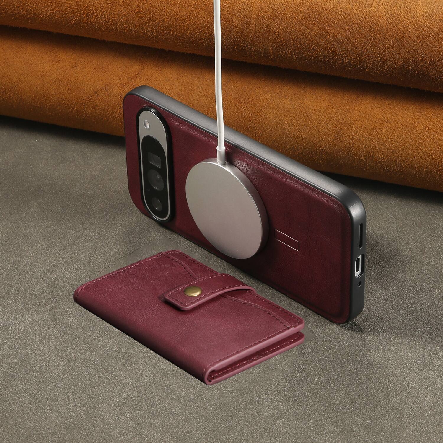 Alt View 4. Dteck - Shockproof Leather Phone Case for Google Pixel 11 Pro XL with Magnetic Wallet, 2-in-1 Detachable Card Holder Stand Cover - Winered.