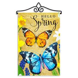 G128 - Combo Pack Garden Flag Hanger 14in & Hello Spring Butterflies Flowers 12x18in Printed 150D Polyester - Yellow