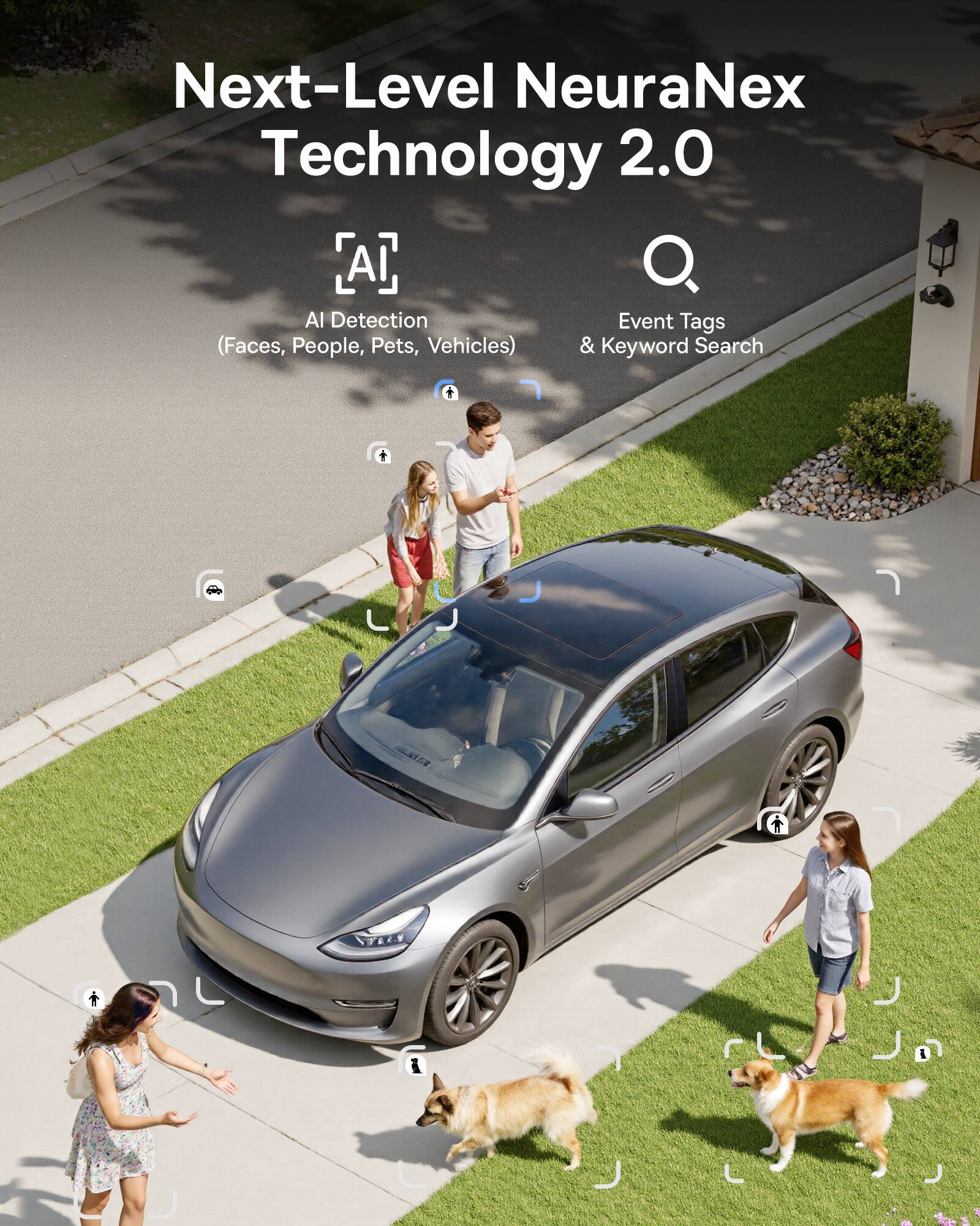 Next-Level NeuraNex Technology 2.0  
AI Detection (Faces, People, Pets, Vehicles)  
Event Tags & Keyword Search