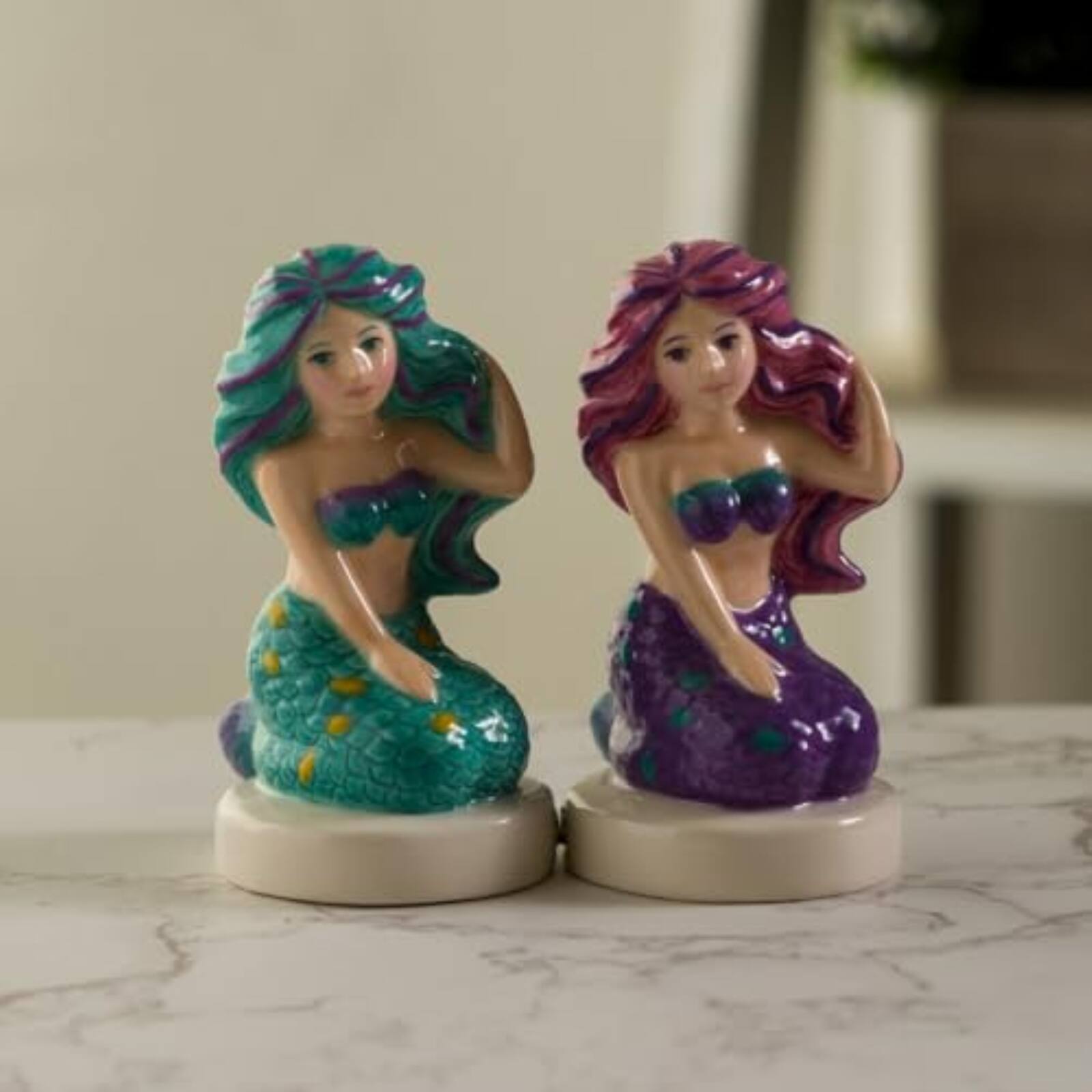 Angle. Pacific Trading - Seaside Serenade Mermaids Ceramic Magnetic Salt and Pepper Shaker Set - Multicolor.