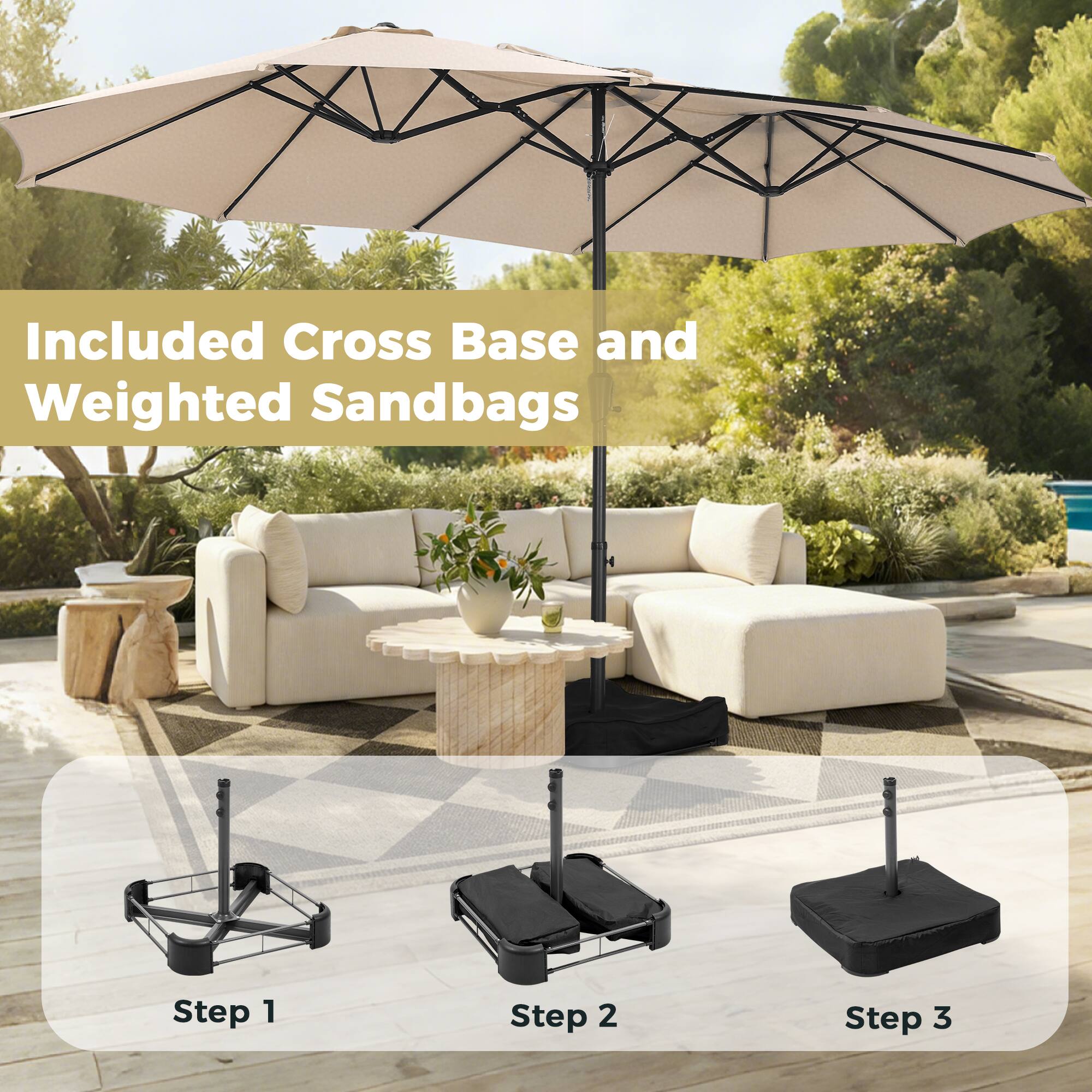 Included Cross Base and Weighted Sandbags

Step 1

Step 2

Step 3