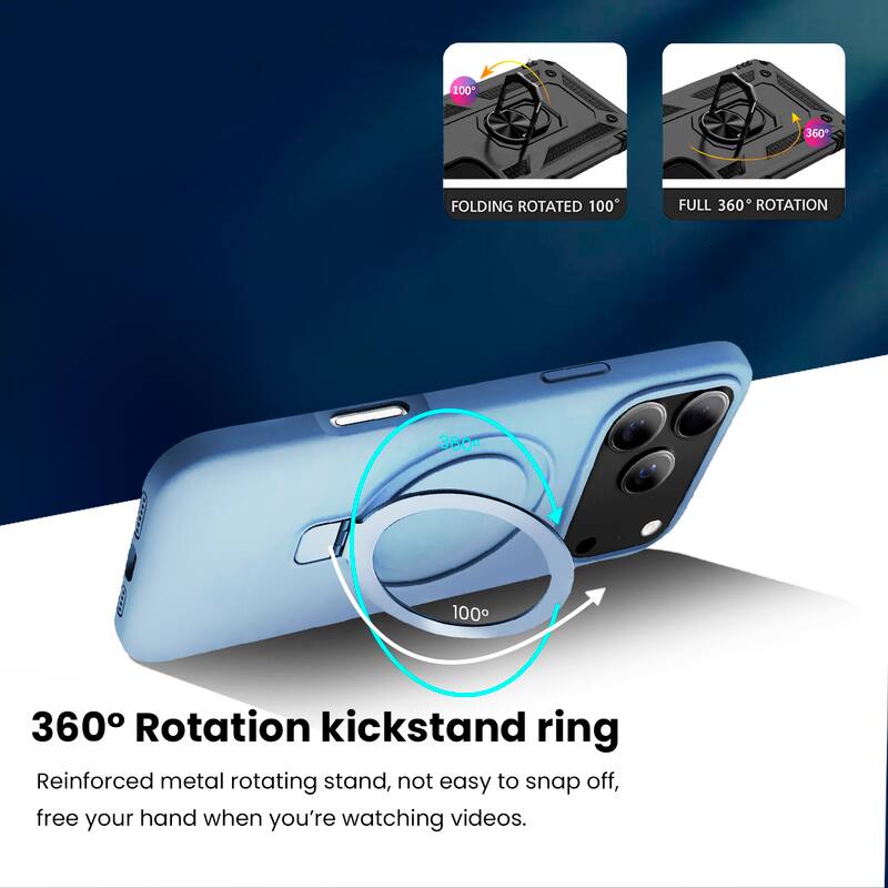 360° Rotation kickstand ring

Reinforced metal rotating stand, not easy to snap off, free your hand when you're watching videos.

FOLDING ROTATED 100°

FULL 360° ROTATION