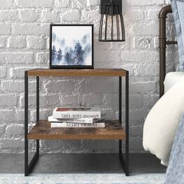 Hivvago - Industrial Modern Black Metal Brown Wood Top Nightstand End Table with Shelf - Matte Black