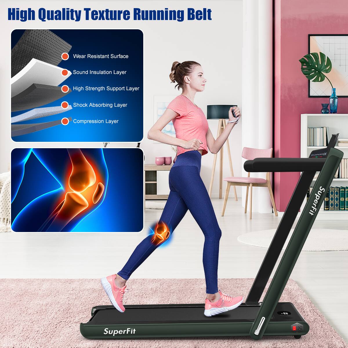 High Quality Texture Running Belt

- Wear Resistant Surface
- Sound Insulation Layer
- High Strength Support Layer
- Shock Absorbing Layer
- Compression Layer

SuperFit