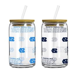 Logo Brands - North Carolina Tar Heels 16oz. Step And Repeat Glass Can with Lid & Straw 2-Pack - Multicolor
