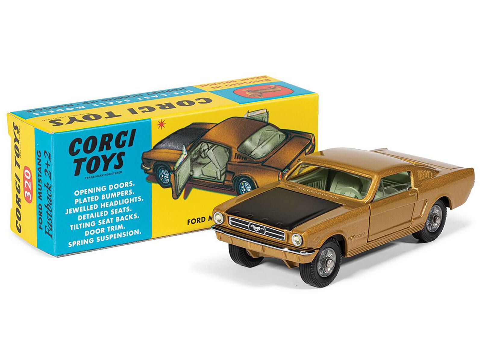 CORGI TOYS  
FORD MUSTANG 2+2  
OPENING DOORS.  
PLATED BUMPERS.  
JEWELLERY HEADLIGHTS.  
DETAILED SEATS.  
TILTING SEAT BACKS.  
DOOR TRIM.  
SPRING SUSPENSION.