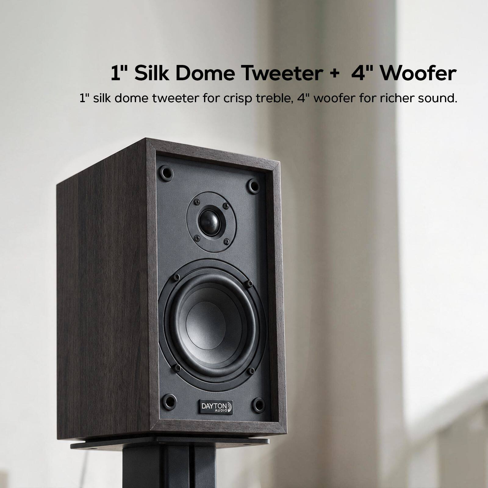 1" Silk Dome Tweeter + 4" Woofer  
1" silk dome tweeter for crisp treble, 4" woofer for richer sound.  
DAYTON AUDIO