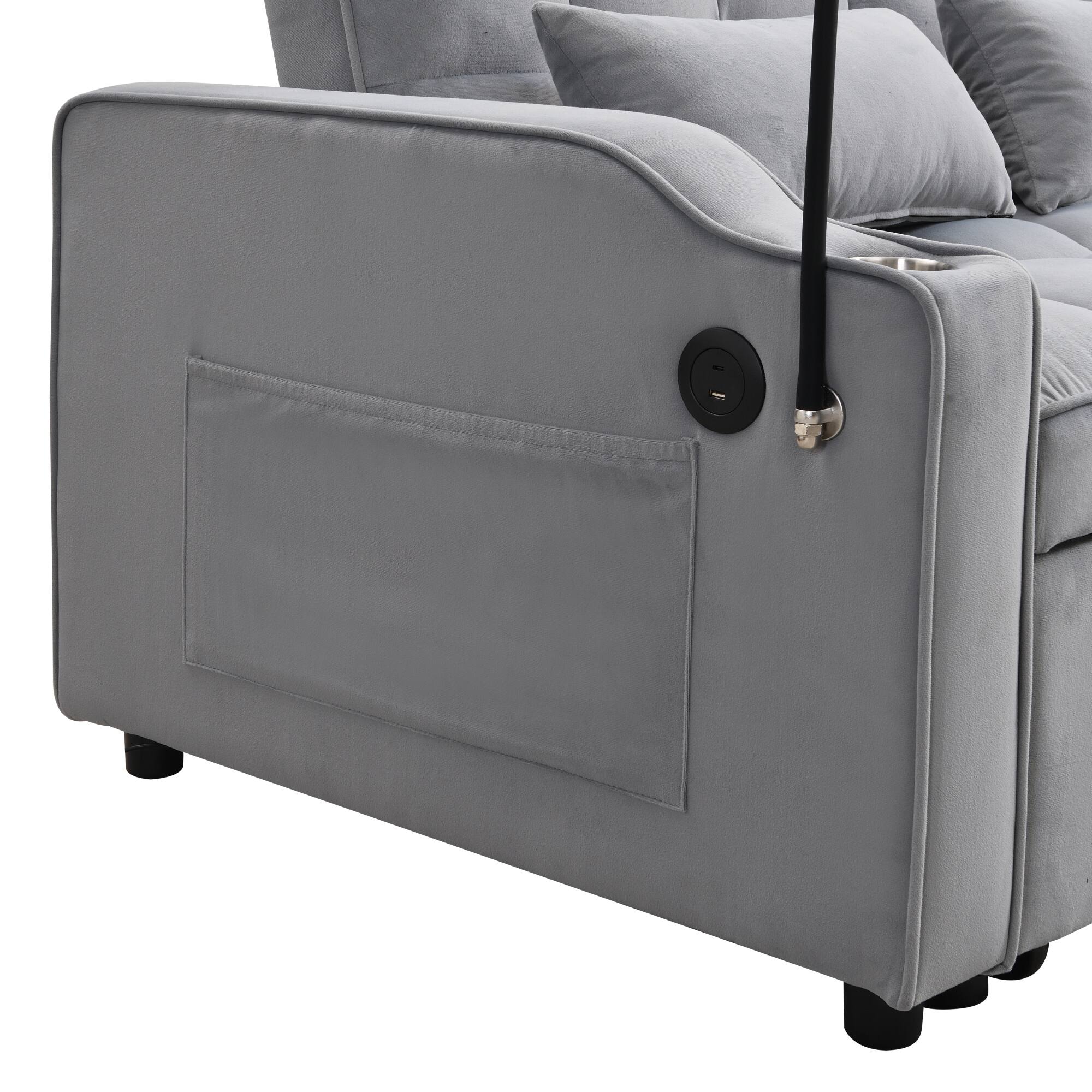Alt View 9. GOODSILO - Convertible Velvet Sofa Bed with Adjustable Backrest, USB Ports, and Storage Pockets for Compact Living Spaces - Light Gray.