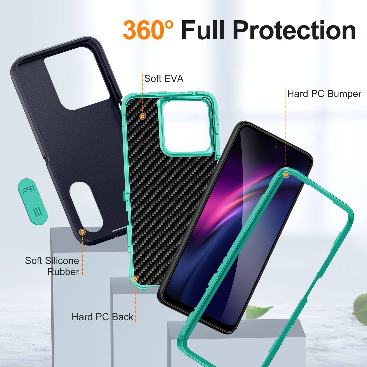 360° Full Protection

- Soft EVA
- Hard PC Bumper
- Soft Silicone Rubber
- Hard PC Back