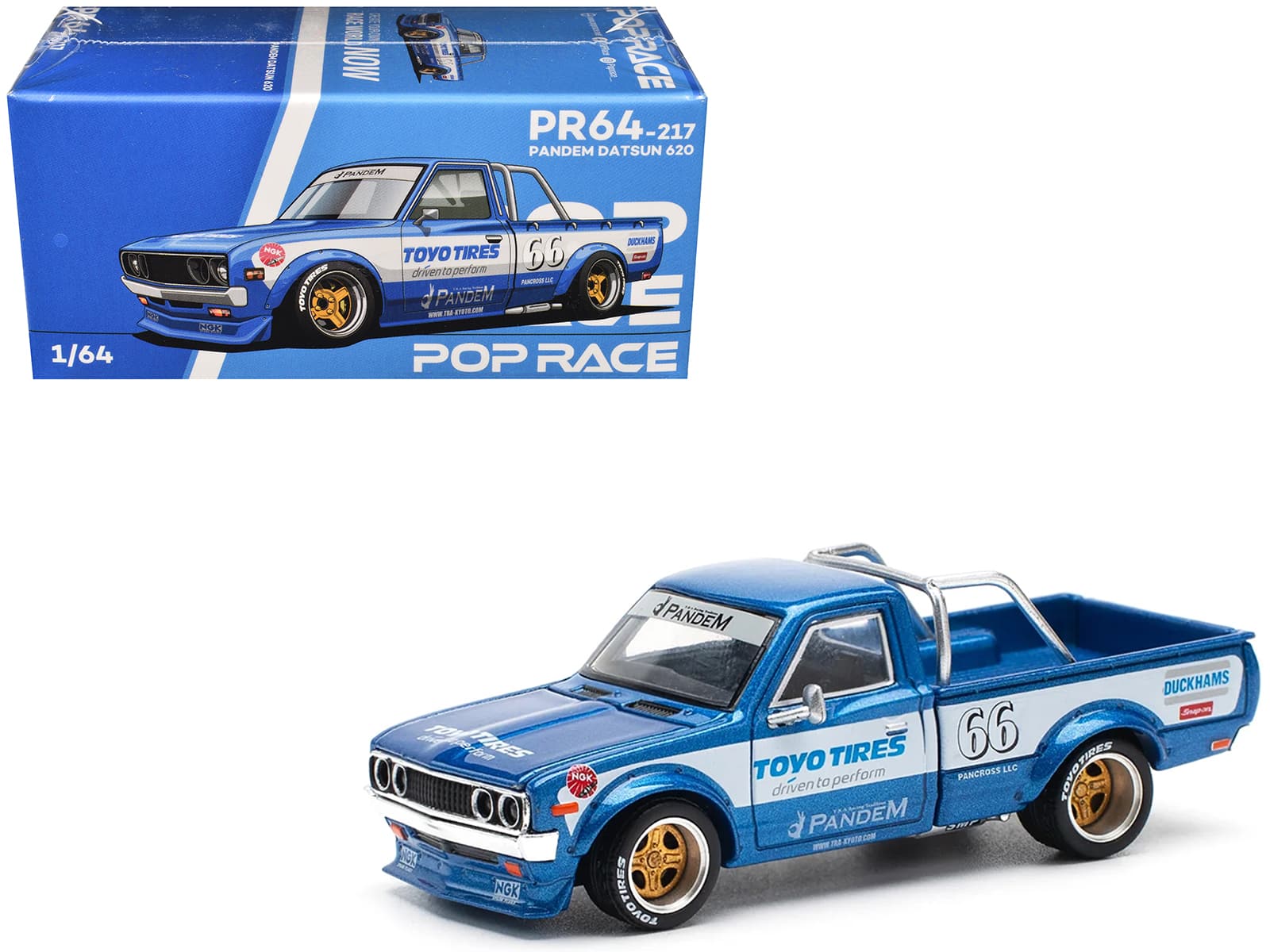 Datsun Pandem 620 Pickup Truck #66 Blue Metallic with White Stripes and Graphics 1/64 Die Cast Model Car by Pop Race price history on PriceWatchPro