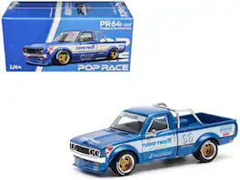 Datsun Pandem 620 Pickup Truck #66 Blue Metallic with White Stripes and Graphics 1/64 Die Cast Model Car by Pop Race