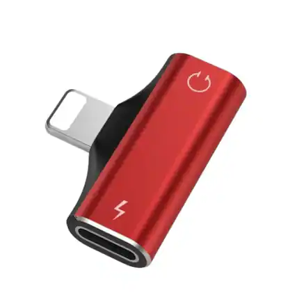 Front. Home Collection - Red Dual Adapter 2-in-1 Headphone & Audio Charger Cable – USB Type-C - Red.