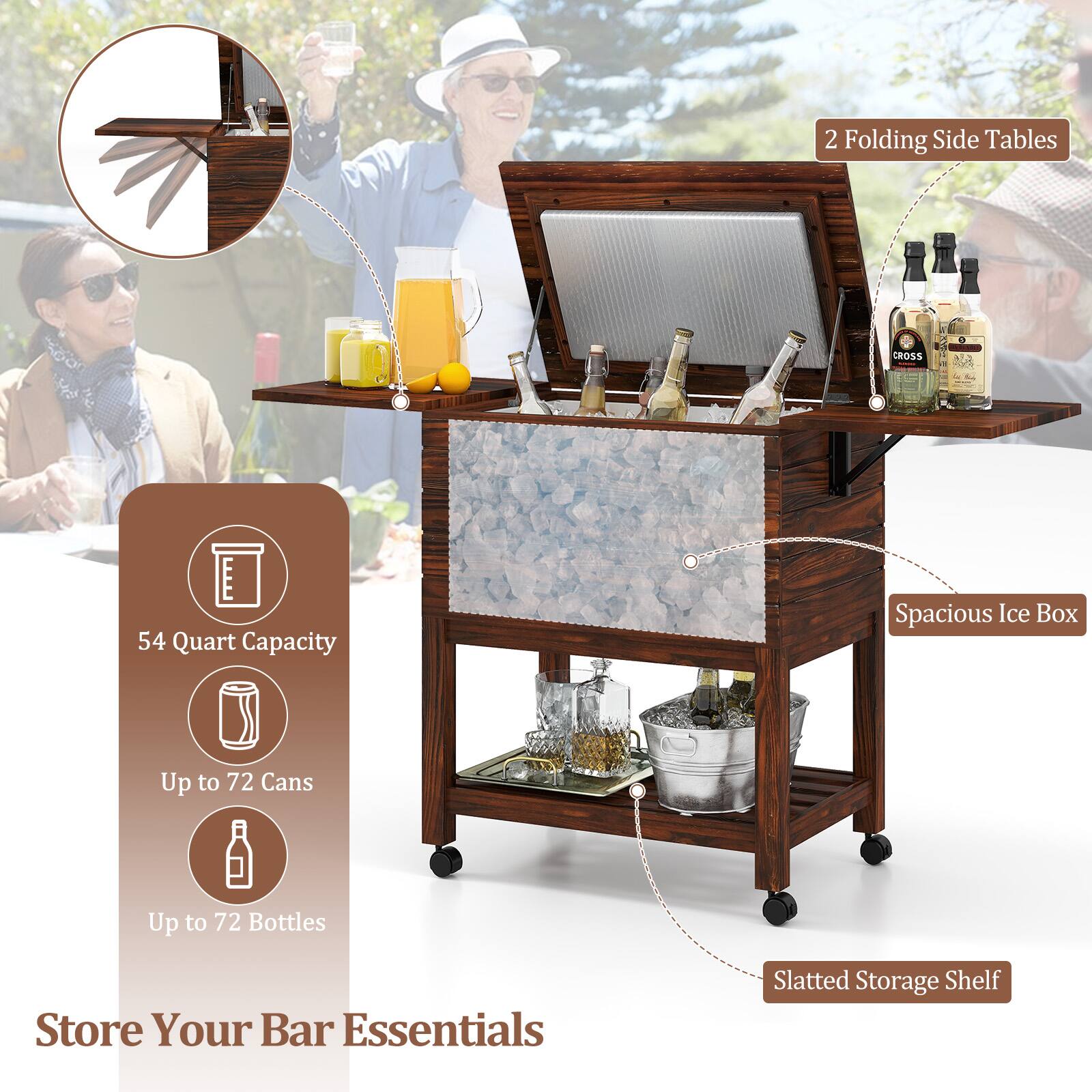 Gymax 54 Quart Rolling Wooden Patio Cooler Cart w/ 2 Drop Leaf