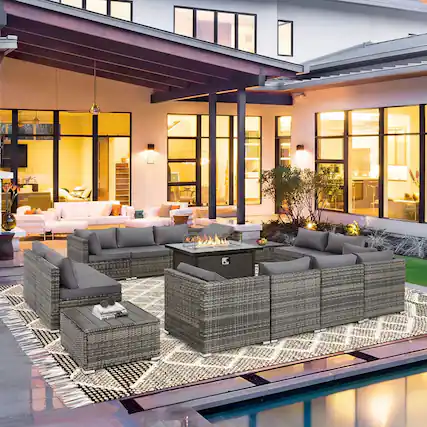 Front. U-HOMY - Patio Conversation Set with Fire Pit Table – 12-Person All-Weather Wicker Outdoor Furniture Set - Grey.