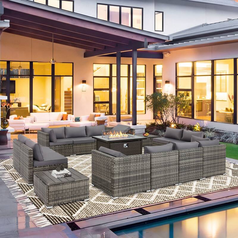 Front. U-HOMY - Patio Conversation Set with Fire Pit Table – 12-Person All-Weather Wicker Outdoor Furniture Set - Grey.