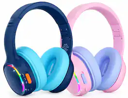 Tronsmart - KH03 Kids Headphones, Bluetooth Active Noise Cancelling Wireless Headsets 74/85/93dB Safe Volume 70H Playtime LED Lights - Blue/Pink