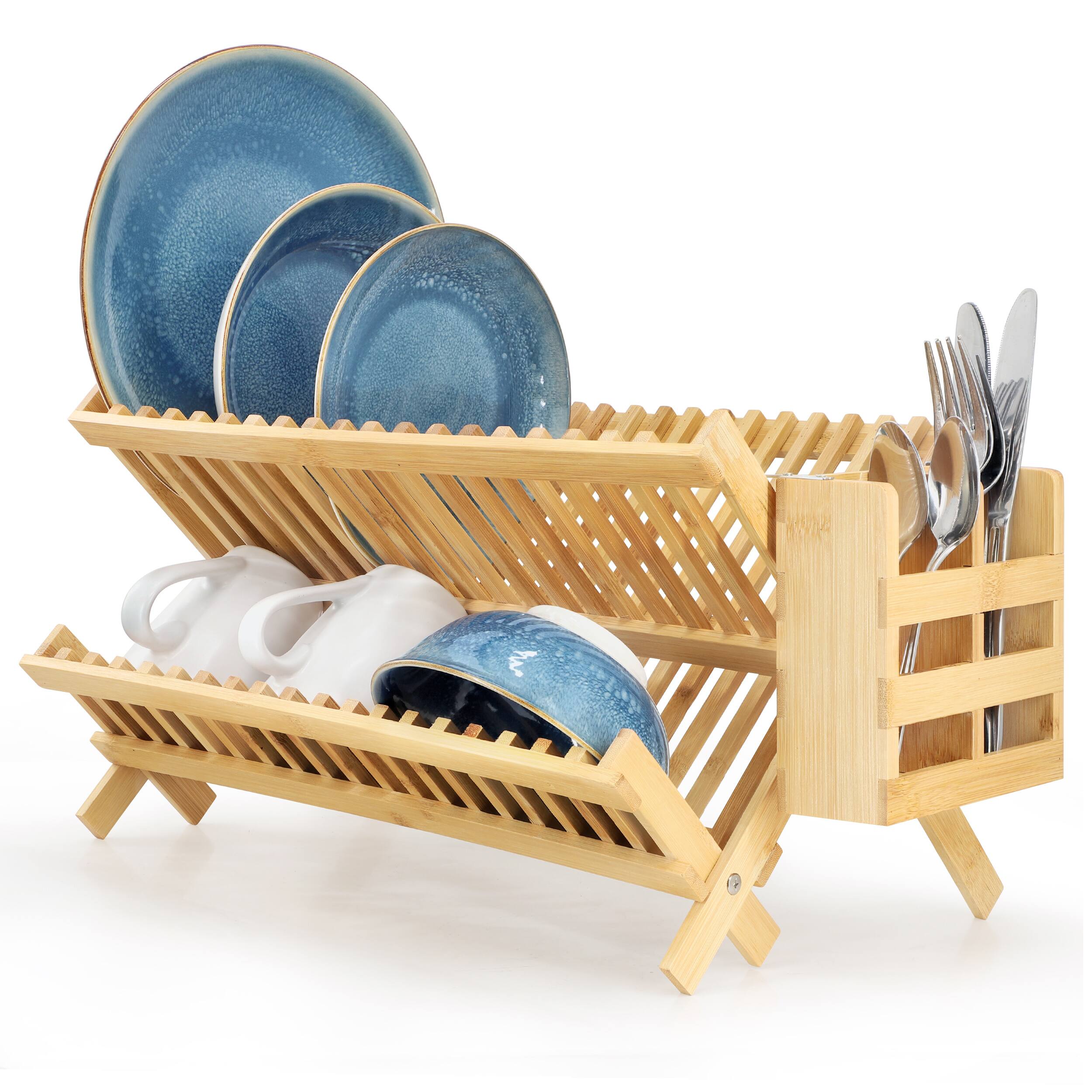 MegaChef - 2 Tier Collapsible Kitchen Bamboo Drying Dish Rack with Utensil Holder - Brown