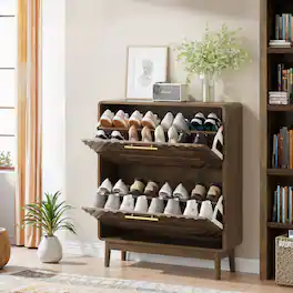 MERAVOM - Shoe Cabinet with 2 Flip Drawers, Mid-Century Modern Freestanding Shoe Cabinet Organizer for Entryway, Hallway - Brown
