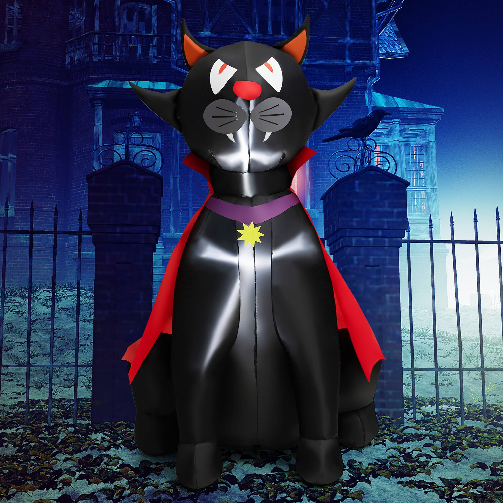 Alt View 3. Costway - Costway 4.7FT Halloween Inflatable Vampire Black Cat with Red Cloak Blow-up Decoration - Black,Red.