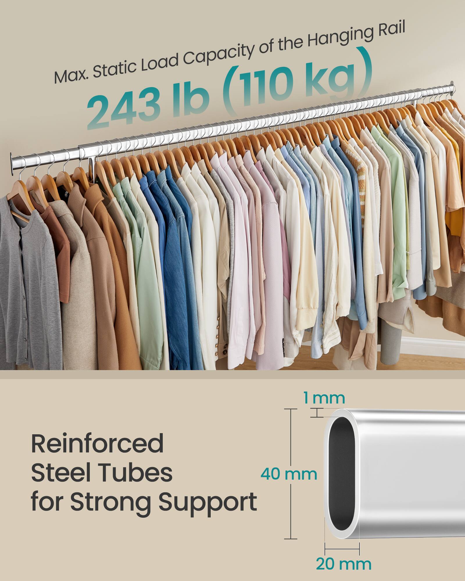 Max. Static Load Capacity of the Hanging Rail: 243 lb (110 kg)

Reinforced Steel Tubes for Strong Support

1 mm
40 mm
20 mm