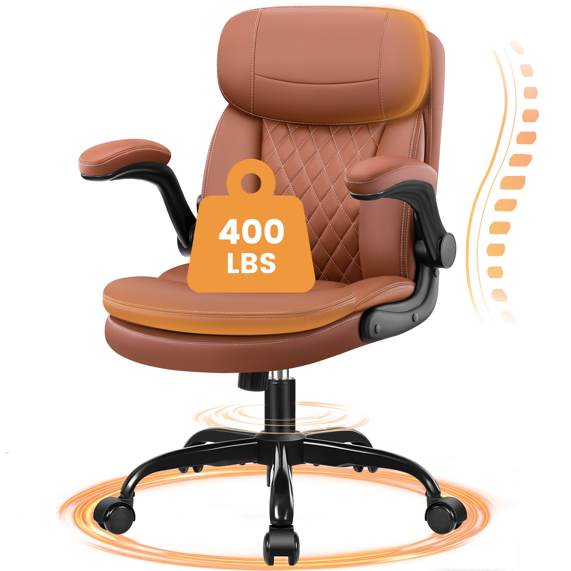 Brick Attic - Ergonomic Leather Office Chair with Adjustable Armrests,PU Computer Desk Chair with Double-Layer Seat Cushion - Brown