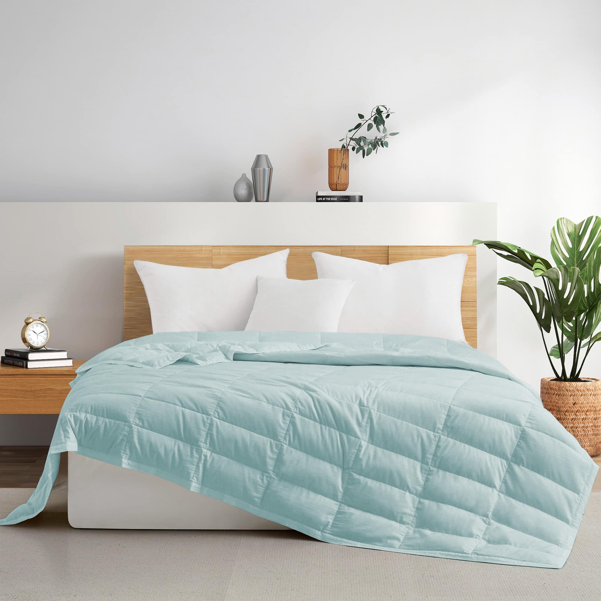 Puredown - Cooling Luxurious White Down Blanket with Satin Trim Soft Bed Cover, Tencel, 90x90 inches - Starlight Blue
