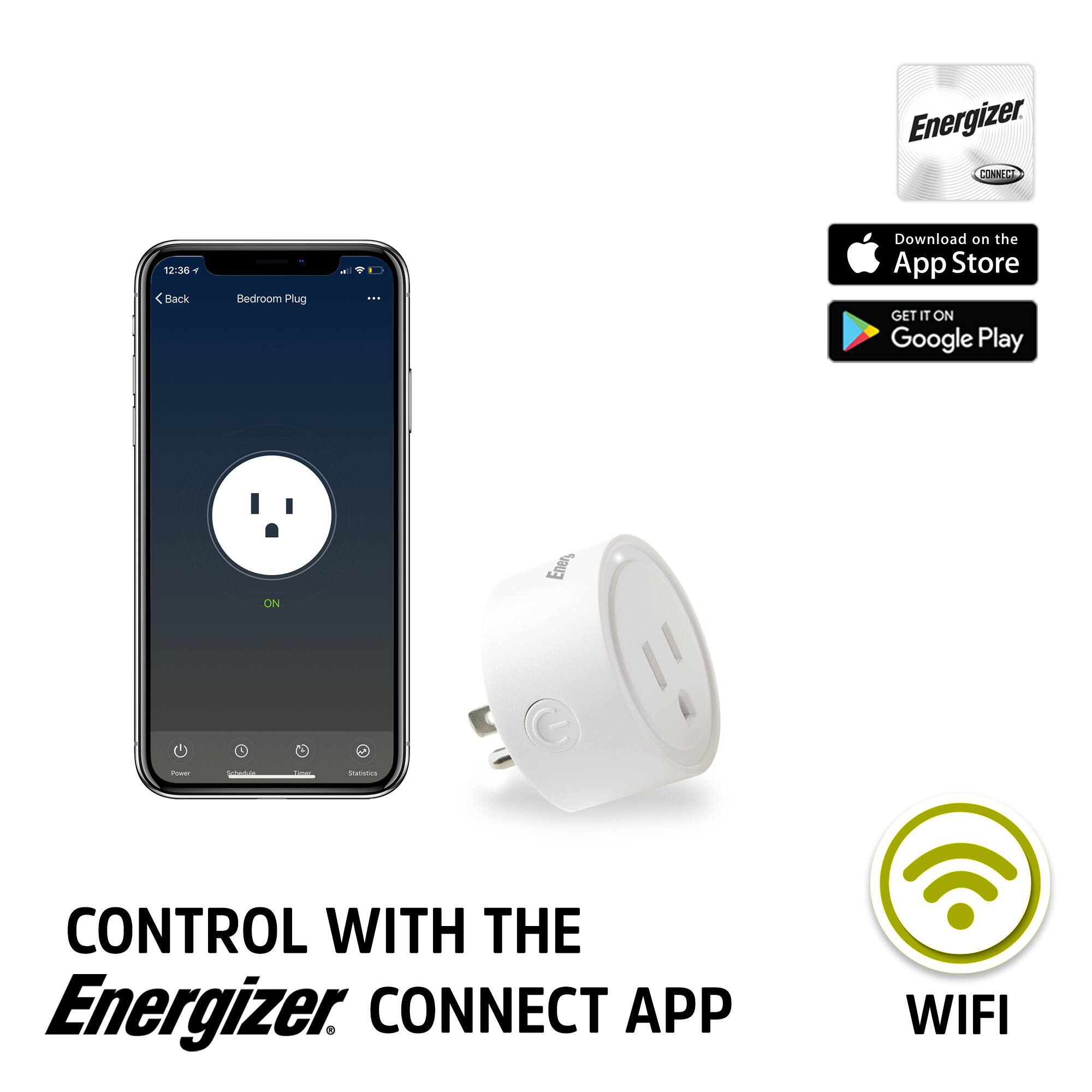 Energizer.  
CONTROL WITH THE Energizer CONNECT APP  
WIFI  

12:36  
Back Bedroom Plug  

Download on the App Store  
GET IT ON Google Play