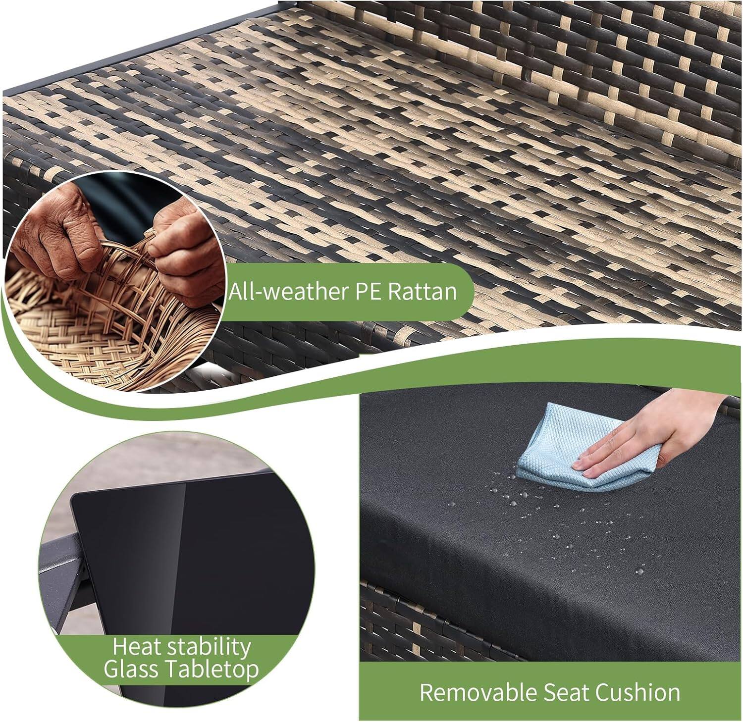 All-weather PE Rattan, Heat stability Glass Tabletop, Removable Seat Cushion