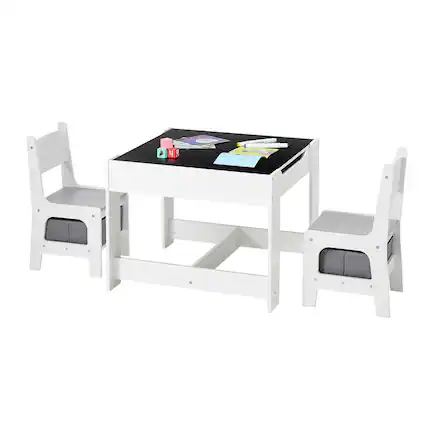 Front. VEVOR - Kids Table and 2 Chairs Set, Toddler Table and Chair Set with Storage Space under the Table, Cloth Storage Box - White + Black + Gray.