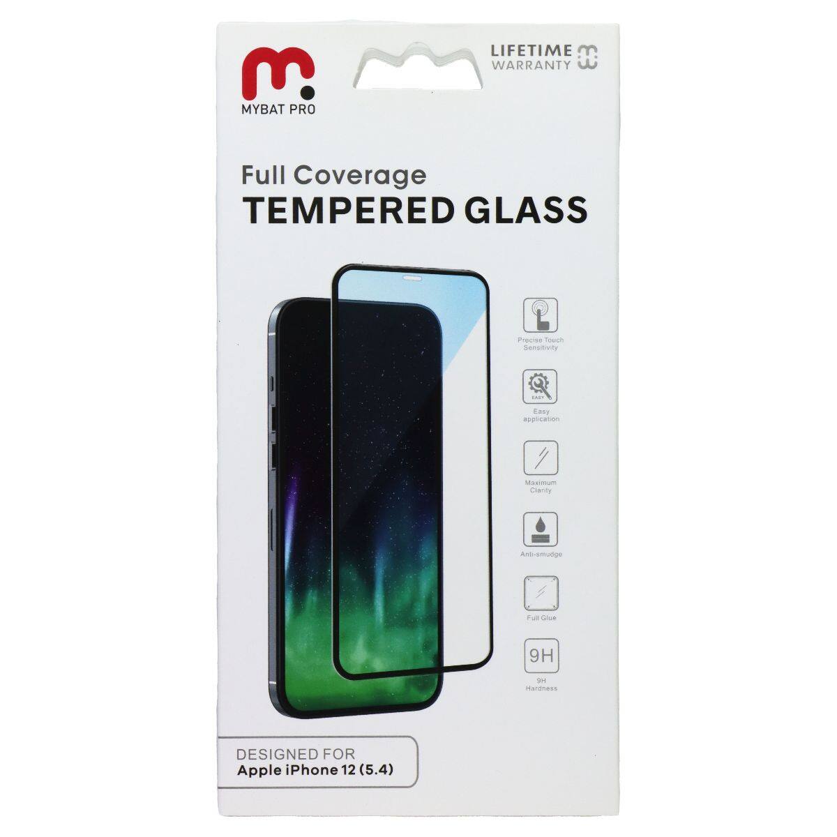 MYBAT PRO LIFETIME WARRANTY Full Coverage TEMPERED GLASS Precise Touch Sensitivity .HI. Easy application Maximum Clarity Anti-smudge Full Glue 9H Hardness DESIGNED FOR Apple iPhone 12 (5.4)