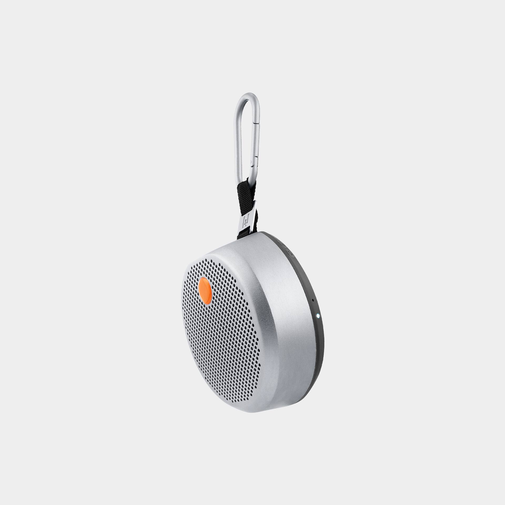 Back. MONDO - Small Portable Bluetooth Speaker, 25W, Hi-Fi Sound, 8–10 Hour Battery - Metal grey.