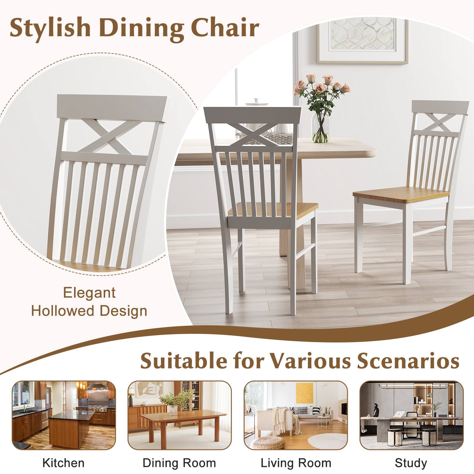 Stylish Dining Chair

Elegant Hollowed Design

Suitable for Various Scenarios

Kitchen  
Dining Room  
Living Room  
Study