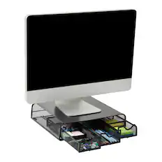 Front. Mind Reader - Monitor Stand, Ventilated Laptop Riser, Desktop Organizer, Storage, Metal Mesh, 13.25"L x 12.5"W x 3"H - Black.