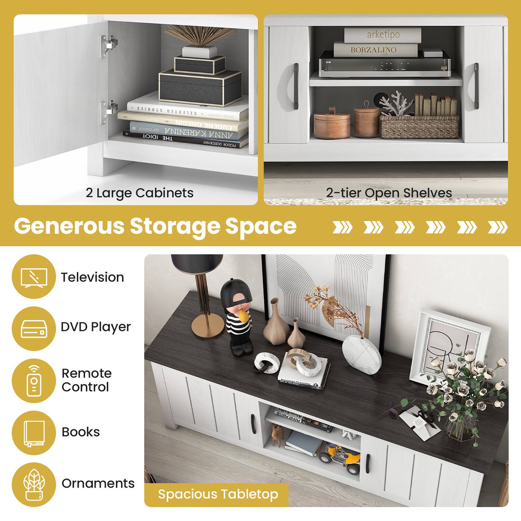 2 Large Cabinets, 2-tier Open Shelves, Generous Storage Space, Television, DVD Player, Remote Control, Books, Ornaments, Spacious Tabletop