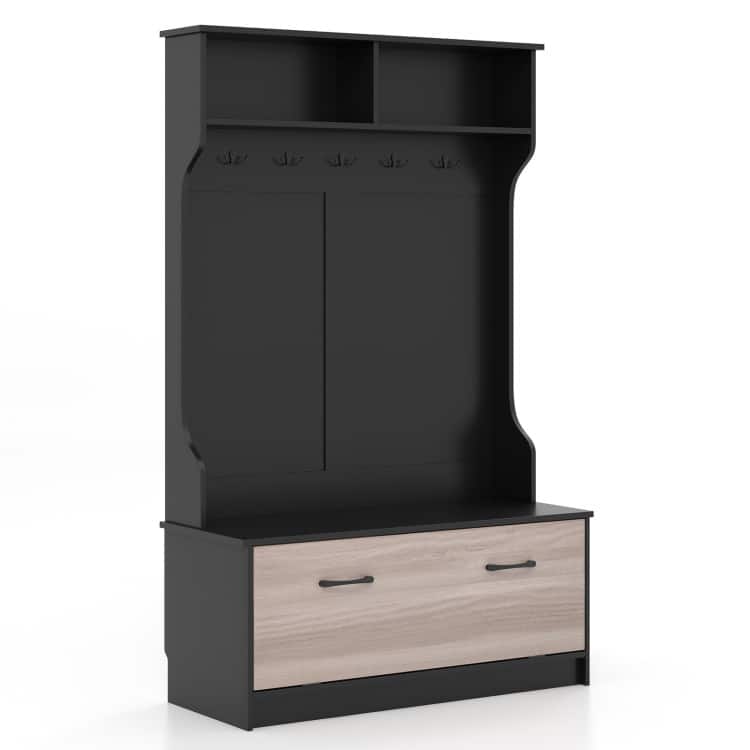 SlickBlue - 3-in-1 Coat Rack with Entryway Bench, Hooks, and Enclosed Storage Cabinet - Black