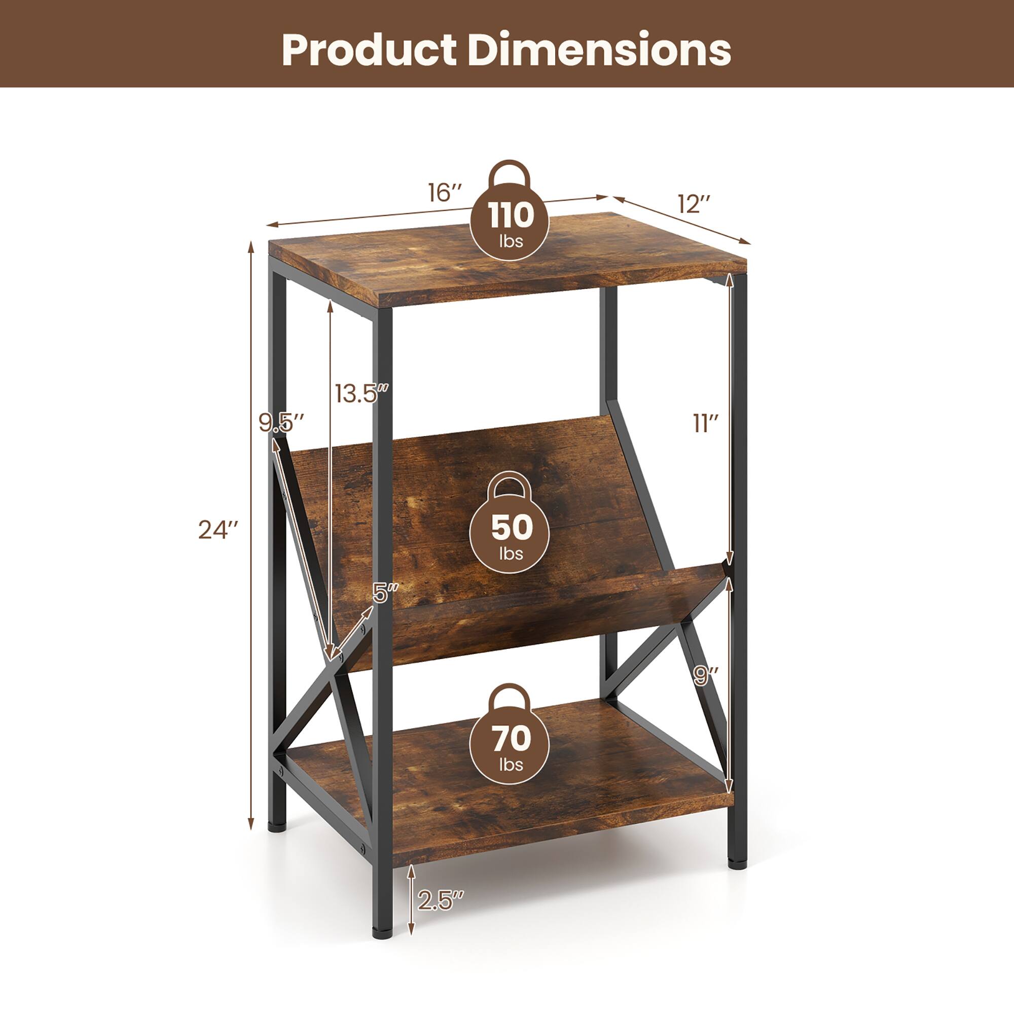 Product Dimensions

- 16" x 110 lbs
- 12" x 50 lbs
- 13.5" x 9.5" x 11" x 24" x 5" x 9" x 70 lbs x 2.5"