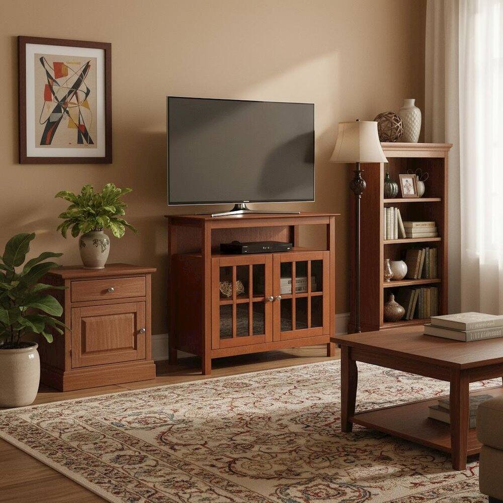 Alt View 2. FurniFact - Traditional Media Stand, 36 Inch, Cabinets, Brown Veneer, Storage - Black.