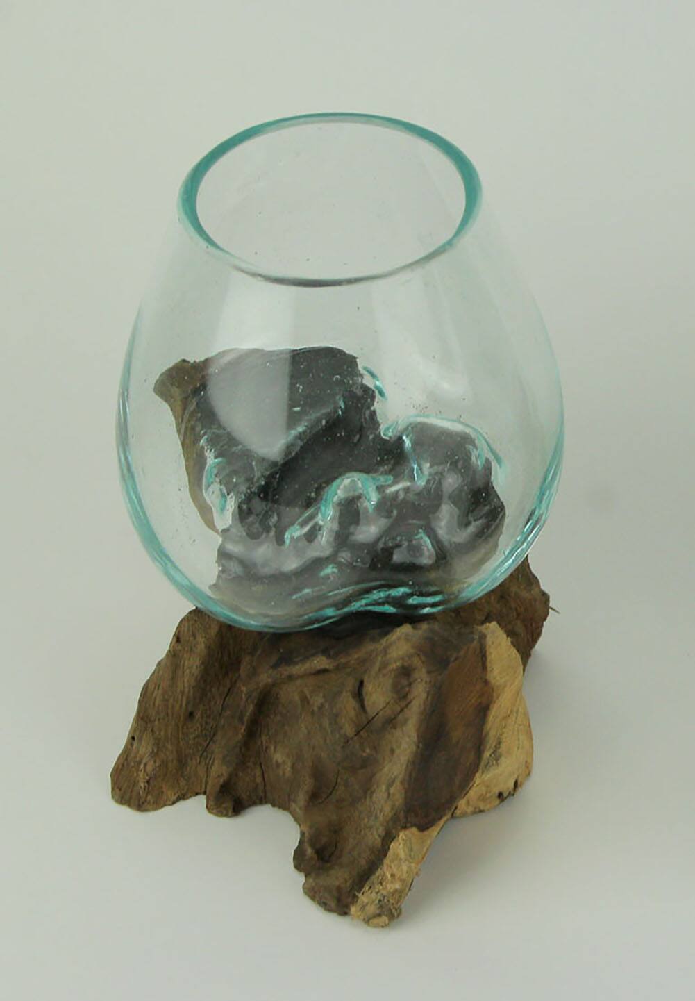 Alt View 1. Zeckos - Molten Glass on Teak Driftwood Decorative Sculptural Bowl, Vase, and Terrarium Planter - Approximately 5 Inches High - Brown.