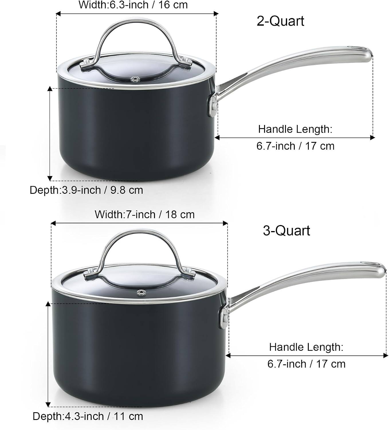 Width: 6.3-inch / 16 cm  
2-Quart  
Handle Length: 6.7-inch / 17 cm  
Depth: 3.9-inch / 9.8 cm  

Width: 7-inch / 18 cm  
3-Quart  
Handle Length: 6.7-inch / 17 cm  
Depth: 4.3-inch / 11 cm