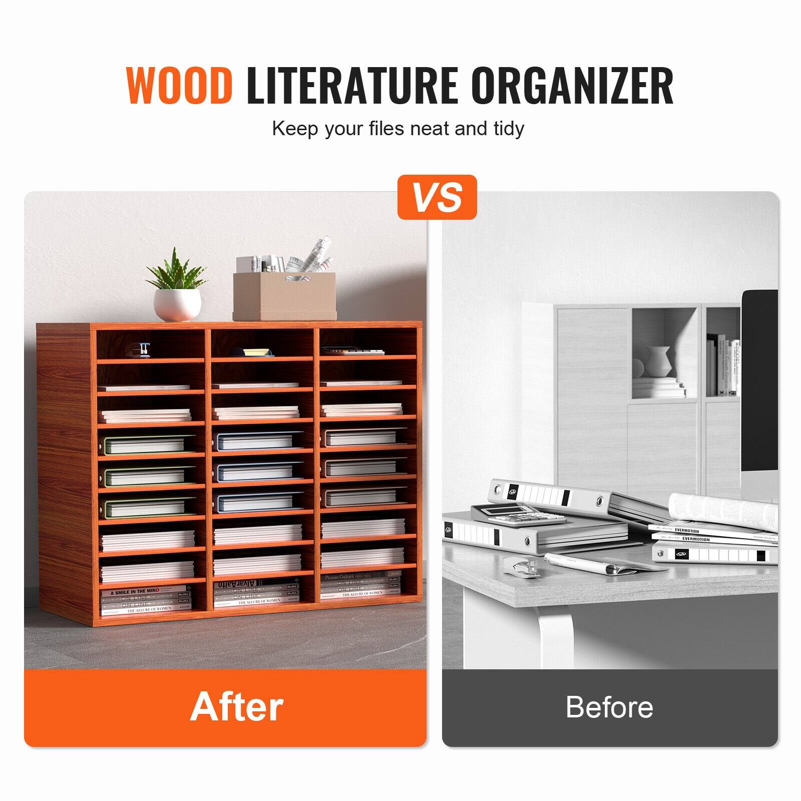 WOOD LITERATURE ORGANIZER  
Keep your files neat and tidy  

After  
Before