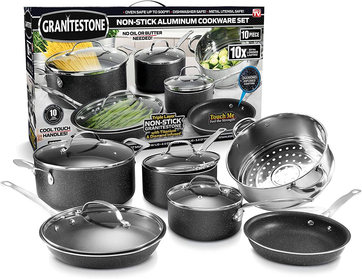 Granitestone - Diamond Non Stick 10pc Cookware Set-PTFE/PFOA Free - Gray