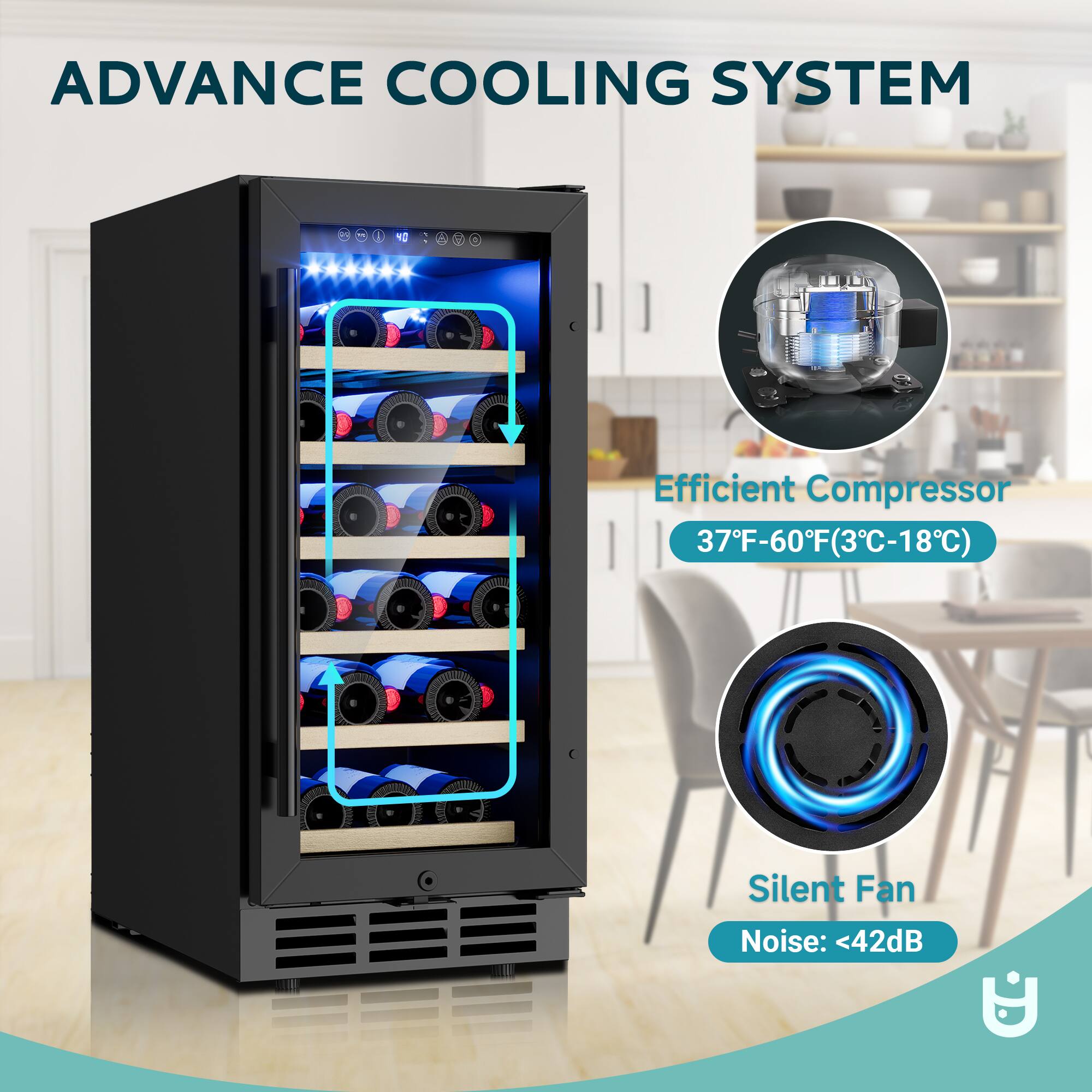 ADVANCE COOLING SYSTEM

Efficient Compressor  
37°F-60°F (3°C-18°C)

Silent Fan  
Noise: <42dB