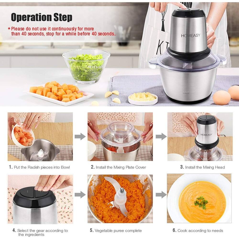 **Operation Step**

*Please do not use it continuously for more than 40 seconds, stop for a while before 40 seconds.*

1. Put the Radish pieces into Bowl
2. Install the Mixing Plate Cover
3. Install the Mixing Head
4. Select the gear according to the ingredients
5. Vegetable puree complete
6. Cook according to needs