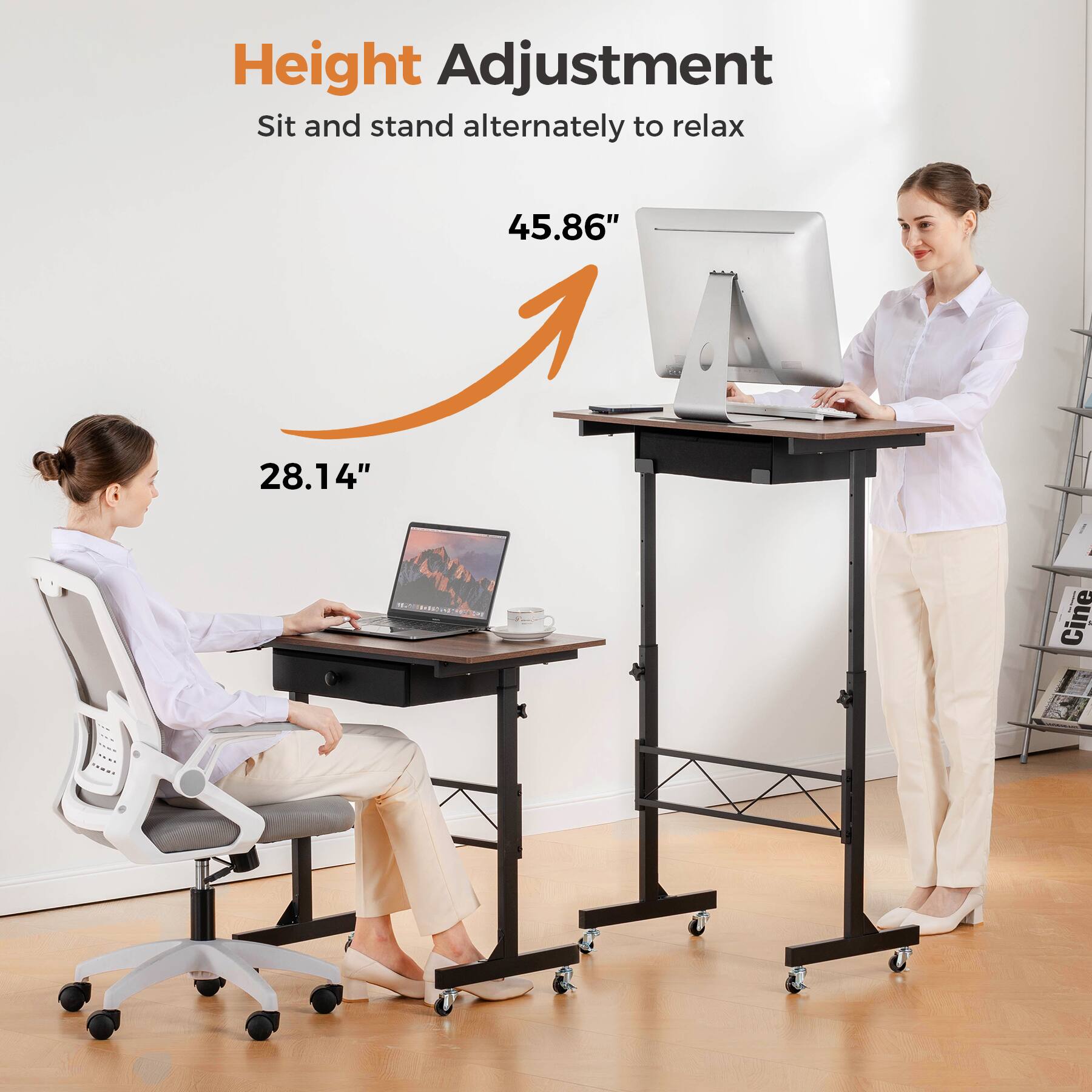 Height Adjustment, Sit and stand alternately to relax, 45.86", 28.14"
